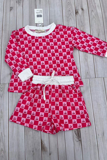 Checkered & Cherry printed long sleeve top & Shorts 2pc girls set XCH04053