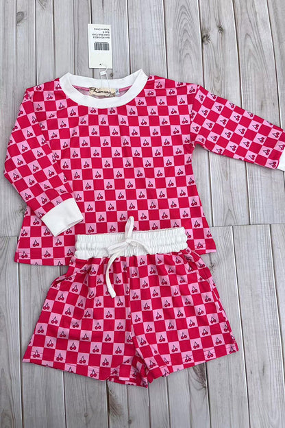 Checkered & Cherry printed long sleeve top & Shorts 2pc girls set XCH04053