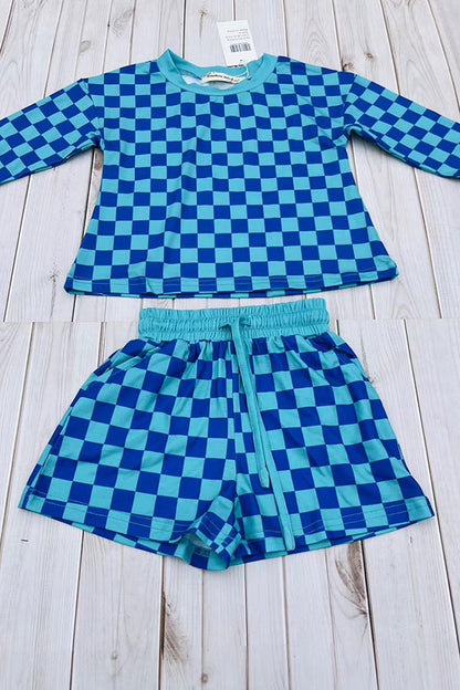 Turquoise & blue Checkered printed long sleeve top & Shorts 2pc girls set XCH04052