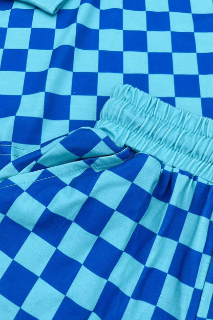 Turquoise & blue Checkered printed long sleeve top & Shorts 2pc girls set XCH04052
