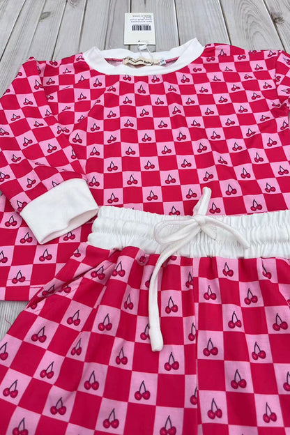 Checkered & Cherry printed long sleeve top & Shorts 2pc girls set XCH04053