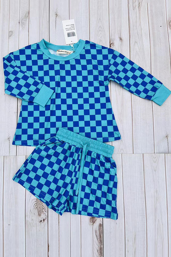 Turquoise & blue Checkered printed long sleeve top & Shorts 2pc girls set XCH04052