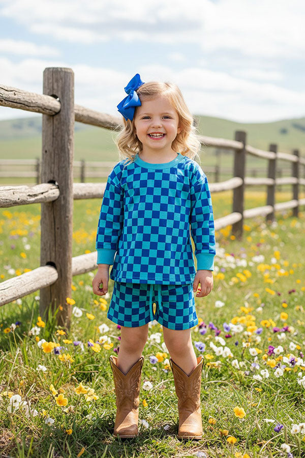 Turquoise & blue Checkered printed long sleeve top & Shorts 2pc girls set XCH04052