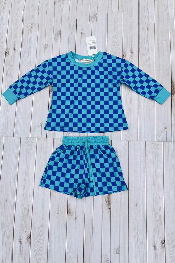 Turquoise & blue Checkered printed long sleeve top & Shorts 2pc girls set XCH04052