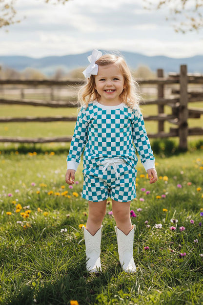 Mint & white Checkered printed long sleeve top & Shorts 2pc girls set XCH04054