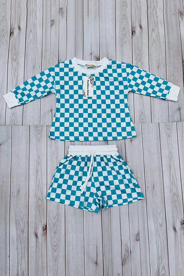 Mint & white Checkered printed long sleeve top & Shorts 2pc girls set XCH04054
