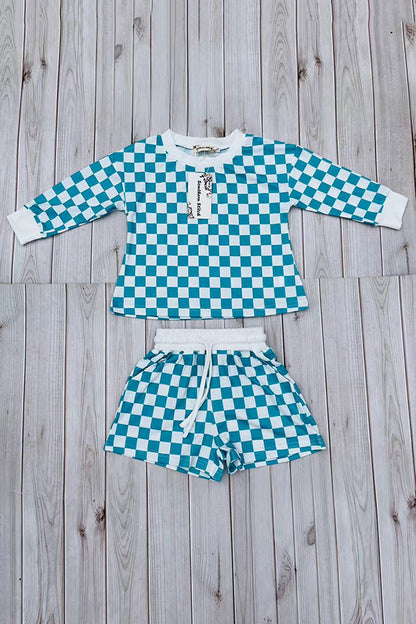 Mint & white Checkered printed long sleeve top & Shorts 2pc girls set XCH04054