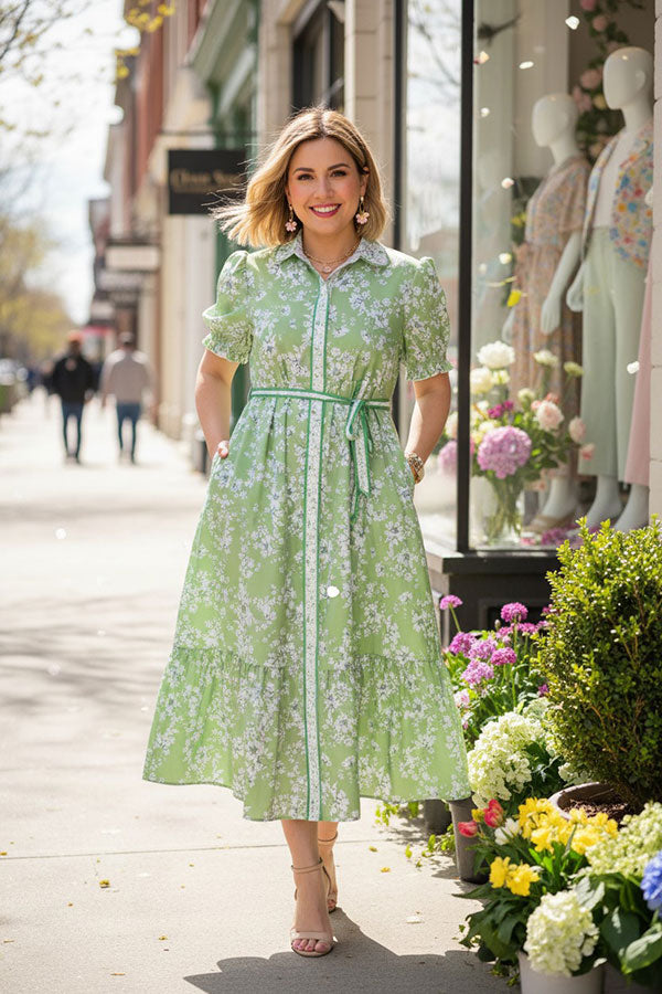 Southern Stitch Green floral printed maxi women dress w/belt GJQ17013