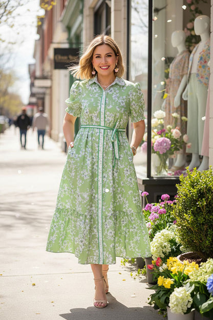 Southern Stitch Green floral printed maxi women dress w/belt GJQ17013