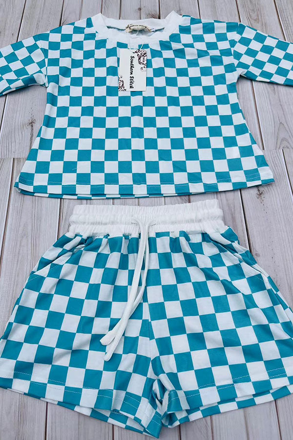 Mint & white Checkered printed long sleeve top & Shorts 2pc girls set XCH04054