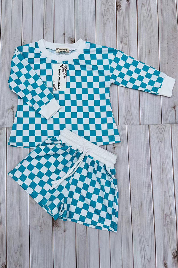 Mint & white Checkered printed long sleeve top & Shorts 2pc girls set XCH04054