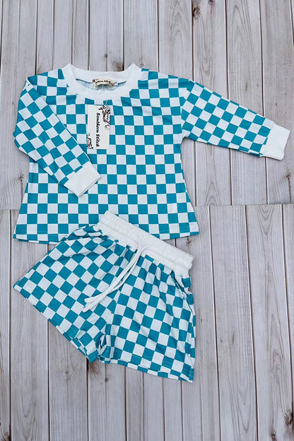 Mint & white Checkered printed long sleeve top & Shorts 2pc girls set XCH04054