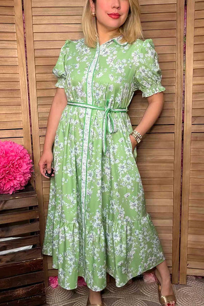 Southern Stitch Green floral printed maxi women dress w/belt GJQ17013