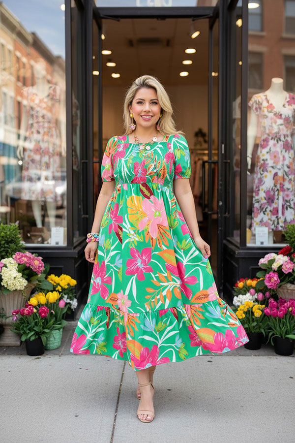 Southern Stitch Floral printed smocked short sleeve women dress GJQ16905