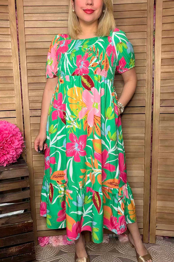 Southern Stitch Floral printed smocked short sleeve women dress GJQ16905