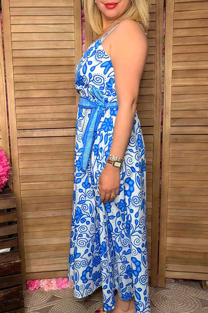 Blue floral printed & belt & adjustable strap maxi women dress with/belt BQ15897