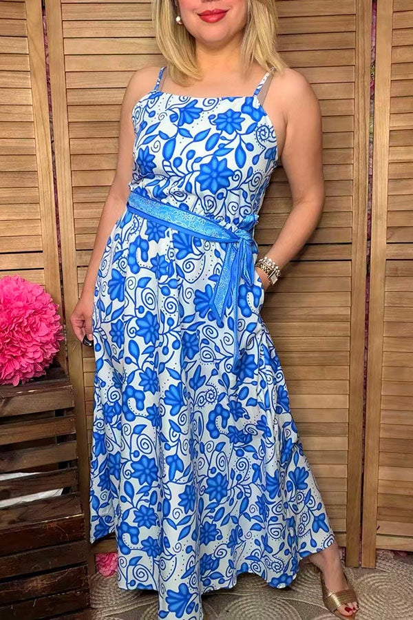 Blue floral printed & belt & adjustable strap maxi women dress with/belt BQ15897