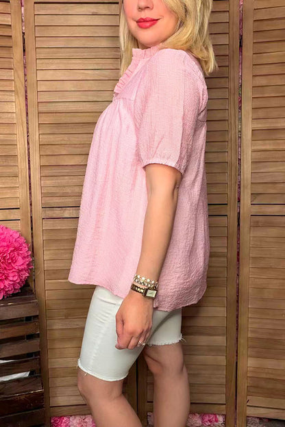 Southern Stitch Pink striped short sleeves women blouse GJQ17012