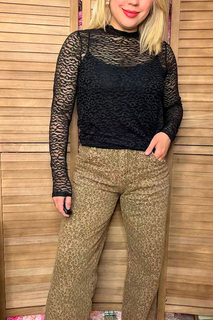 Southern Stitch Black leopard lace long sleeve sheer women top XCH17073