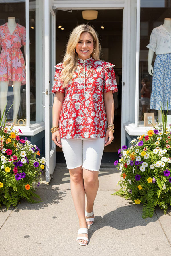 Southern Stitch Floral printed white pompoms cap sleeve red women blouse GJQ16693