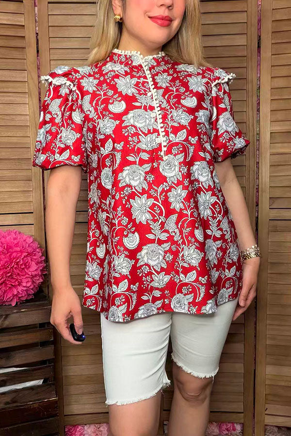 Southern Stitch Floral printed white pompoms cap sleeve red women blouse GJQ16693