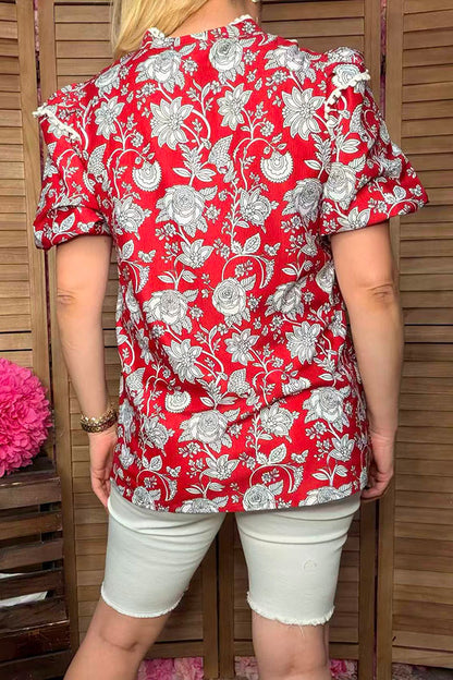 Southern Stitch Floral printed white pompoms cap sleeve red women blouse GJQ16693