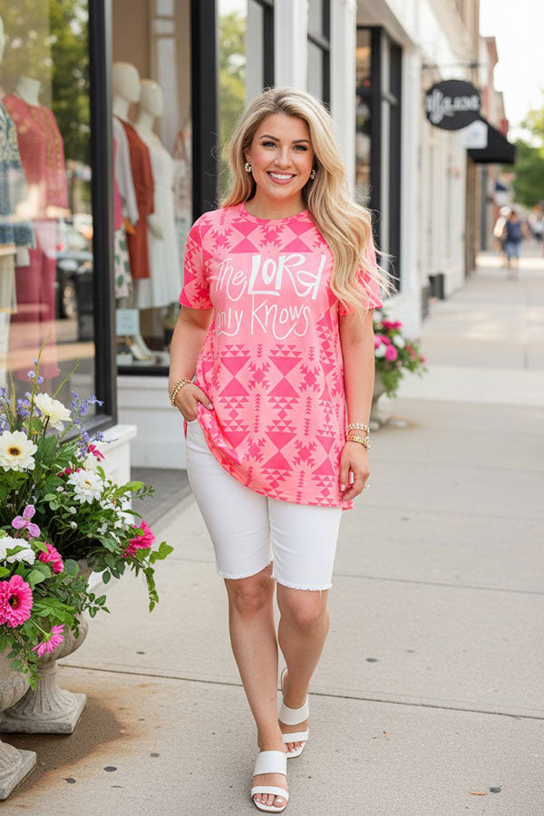 Wholesale THE LORD ONLY KNOWS Pink Aztec printed short sleeve t-shirt XCH12301