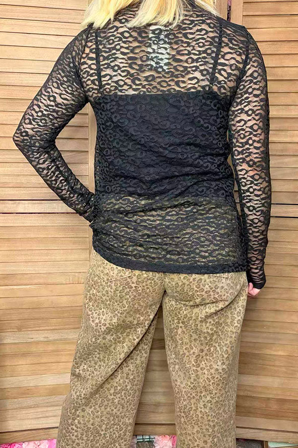 Southern Stitch Black leopard lace long sleeve sheer women top XCH17073