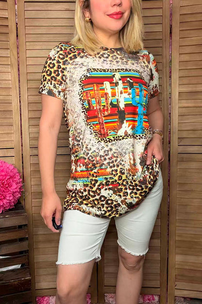 XCH0722-20 Leopard & cactus printed short sleeves t-shirt