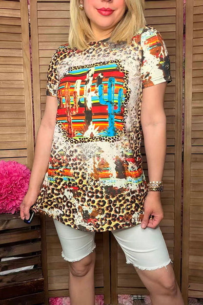 XCH0722-20 Leopard & cactus printed short sleeves t-shirt