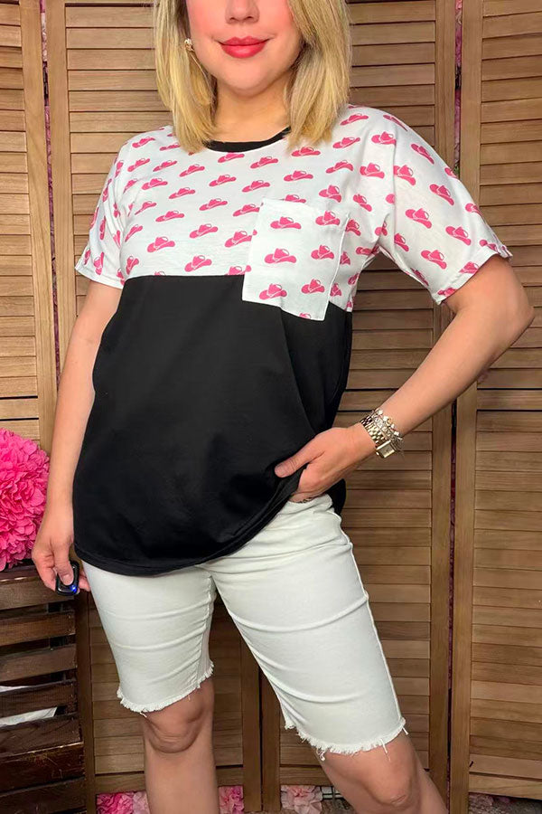 DLH9954 Pink hats printed & black short sleeve women tops