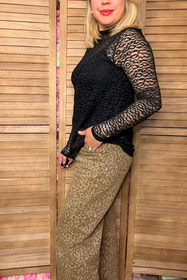 Southern Stitch Black leopard lace long sleeve sheer women top XCH17073
