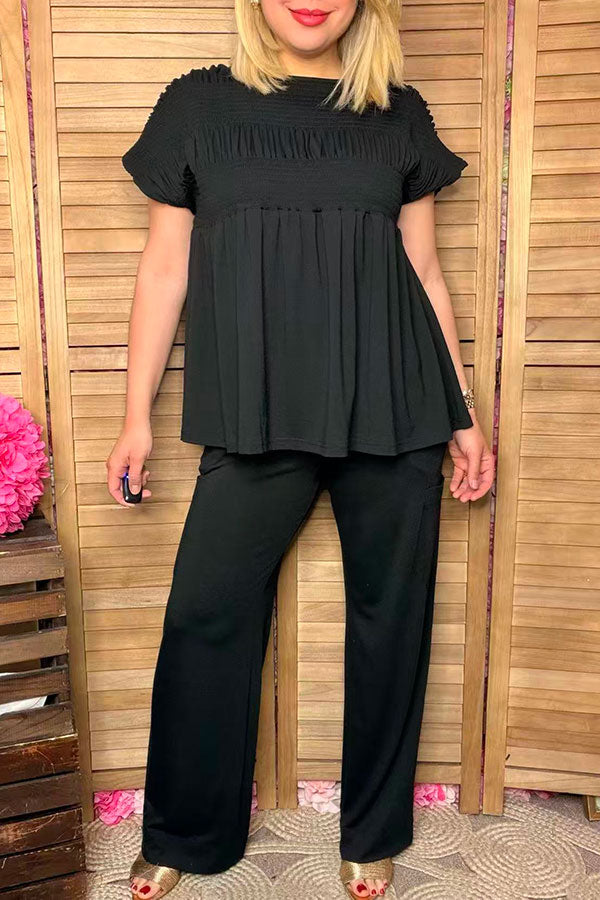 Black elastic front women blouse & wide leg pant 2pc women set XCH16159