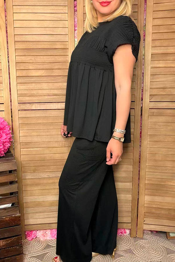 Black elastic front women blouse & wide leg pant 2pc women set XCH16159