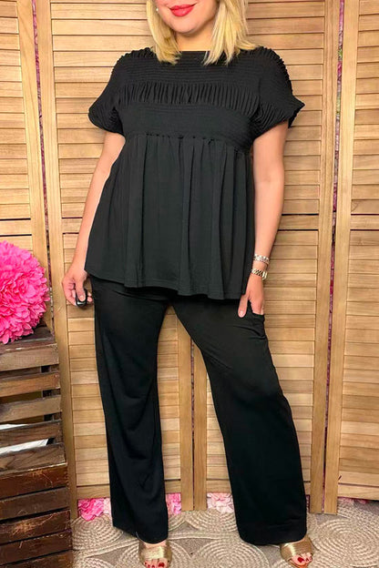 Black elastic front women blouse & wide leg pant 2pc women set XCH16159