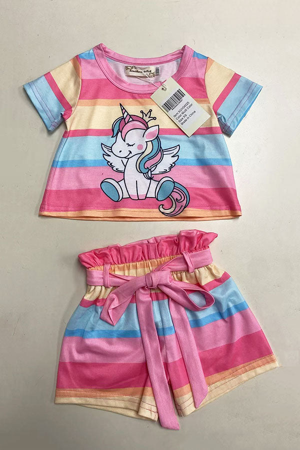 Striped unicorn patterns short sleeve top & shorts 2pc girls set w/belt XCH04025