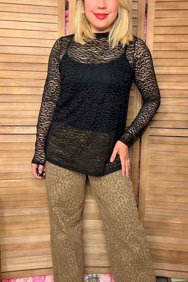 Southern Stitch Black leopard lace long sleeve sheer women top XCH17073