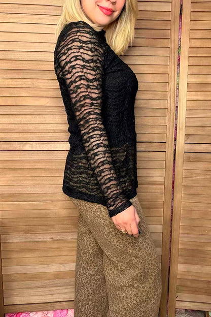 Southern Stitch black wave lace long sleeve women top XCH17072