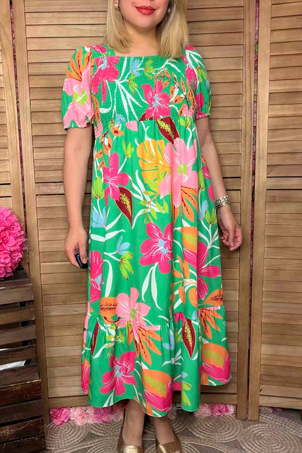 Southern Stitch Floral printed smocked short sleeve women dress GJQ16905