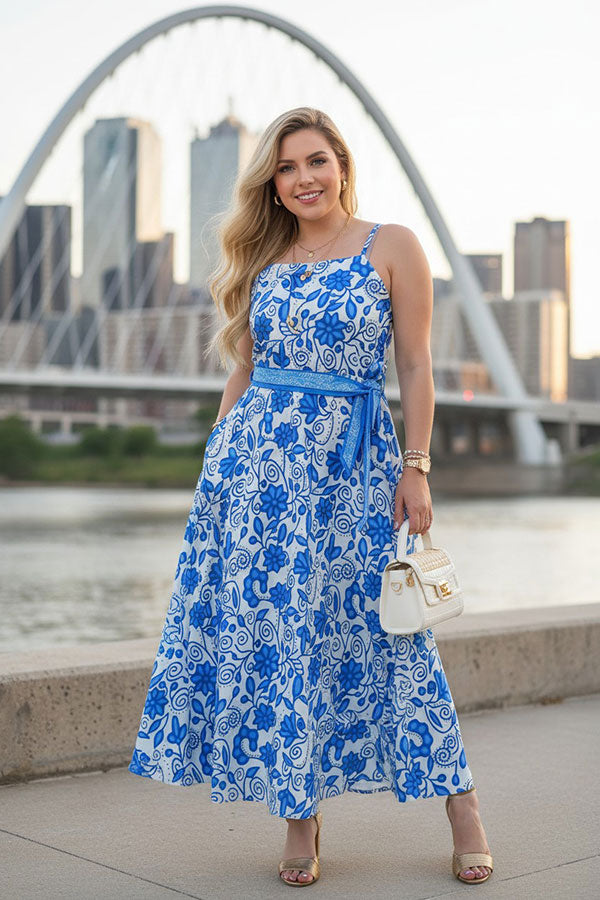 Blue floral printed & belt & adjustable strap maxi women dress with/belt BQ15897