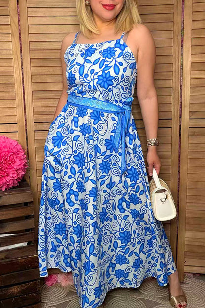 Blue floral printed & belt & adjustable strap maxi women dress with/belt BQ15897