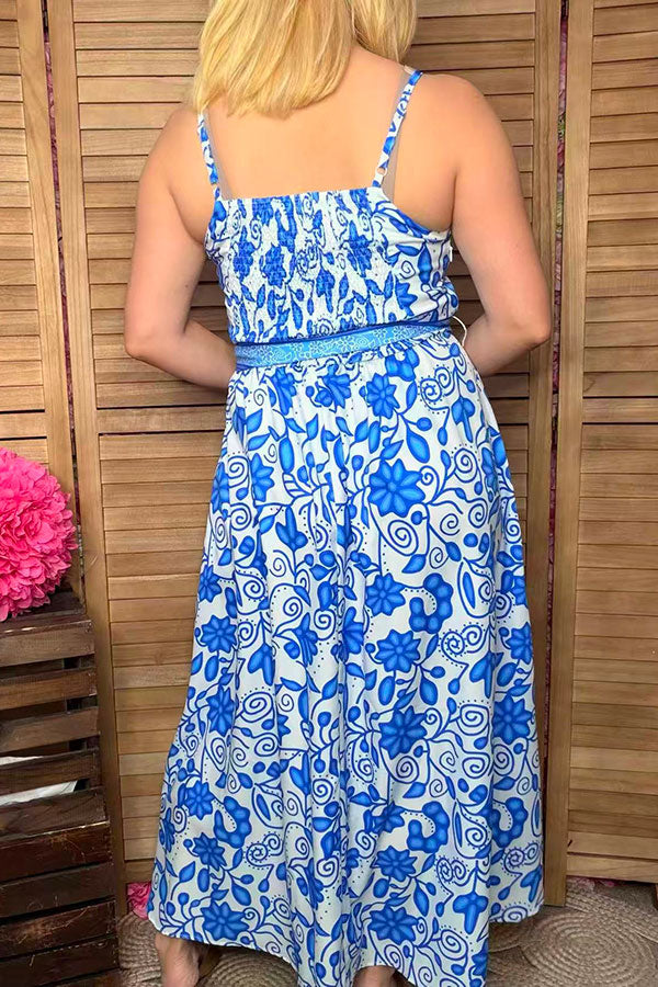 Blue floral printed & belt & adjustable strap maxi women dress with/belt BQ15897