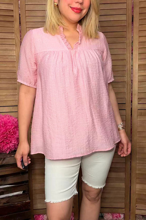 Southern Stitch Pink striped short sleeves women blouse GJQ17012