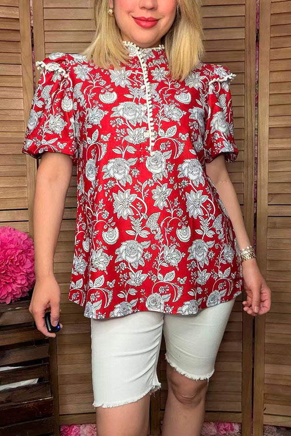 Southern Stitch Floral printed white pompoms cap sleeve red women blouse GJQ16693