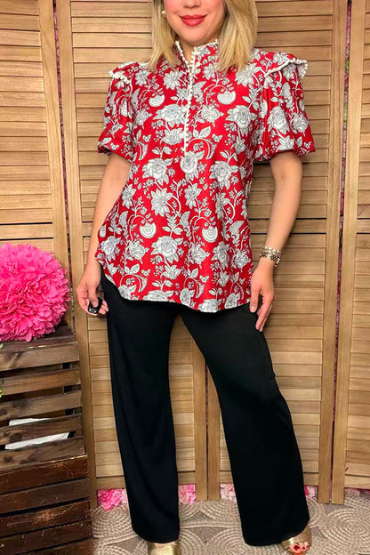 Southern Stitch Floral printed white pompoms cap sleeve red women blouse GJQ16693