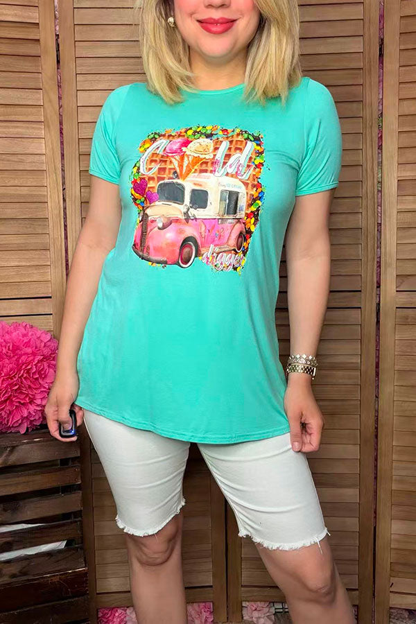 Cold Digger ice cream truck printed short sleeve women t-shirt DLH8384