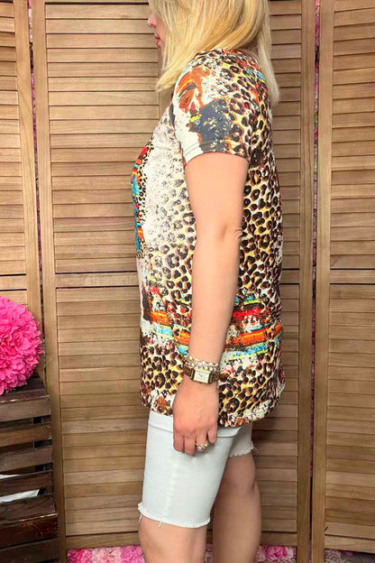 XCH0722-20 Leopard & cactus printed short sleeves t-shirt