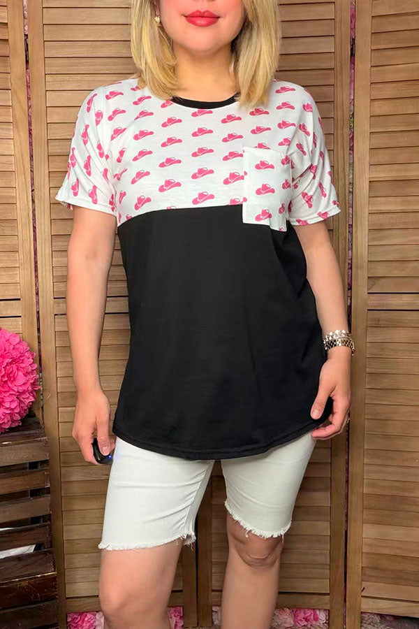 DLH9954 Pink hats printed & black short sleeve women tops