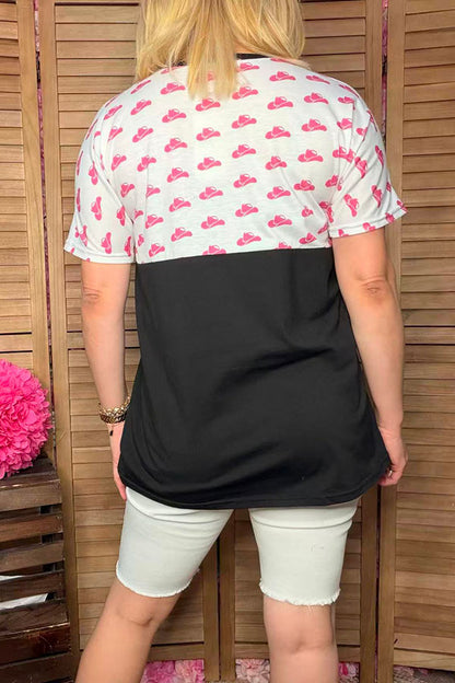DLH9954 Pink hats printed & black short sleeve women tops