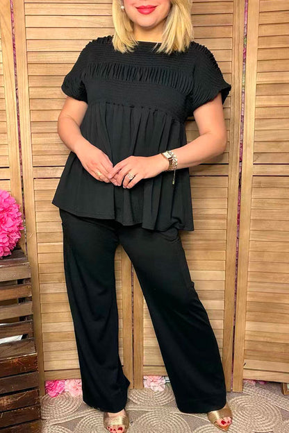 Black elastic front women blouse & wide leg pant 2pc women set XCH16159